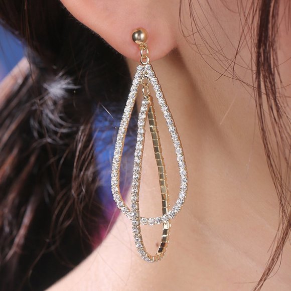 NEW Gold Round Diamond Double Tear Drop Earrings - Picture 2 of 9